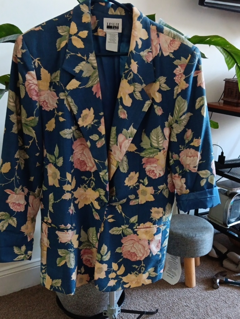 Leslie Fay Teal Floral Blazer with Pink & Cream Roses